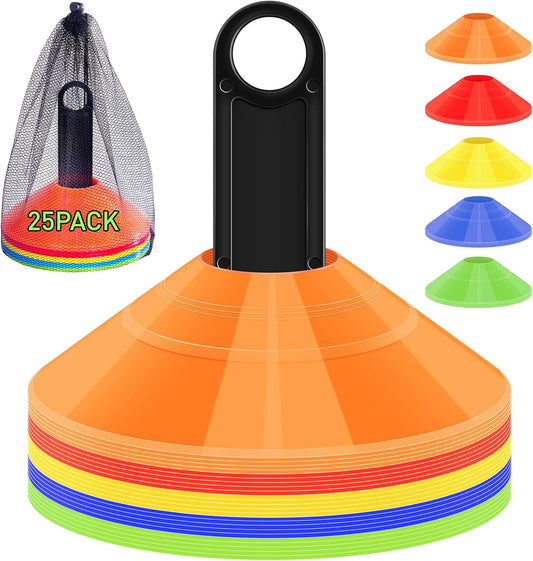 25 Pack Soccer Training Cones, Agility Disc Sports Cones with Carry Bag and Holder, Plastic Football Cones for Drills, Sports Training, Basketball, Coaching, Practice Equipment, 5 Color