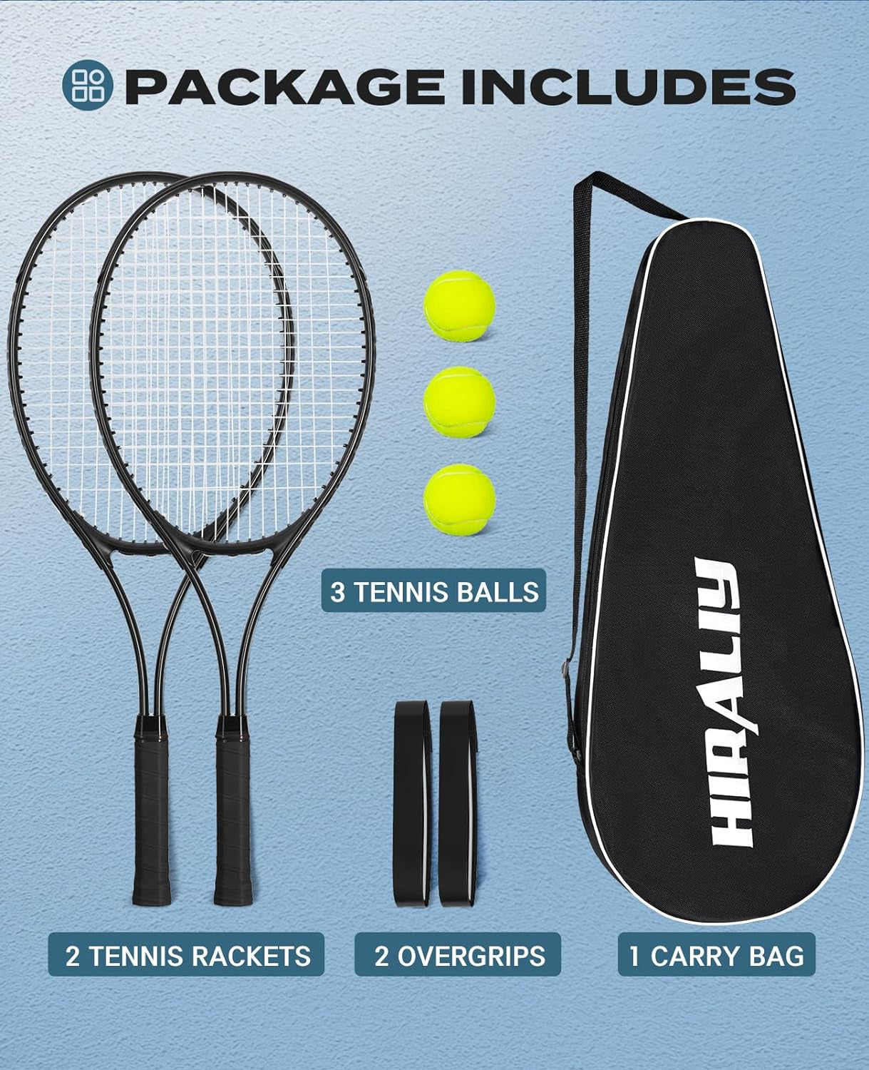 Adult Recreational 2 Players Tennis Rackets ,27 Inch Super Lightweight Tennis Racquets for Student Training Tennis and Beginners, Tennis Racket Set for Outdoor Games, Including 3 Tennis Balls, 2 Tennis Overgrips and 1 Tennis Bag