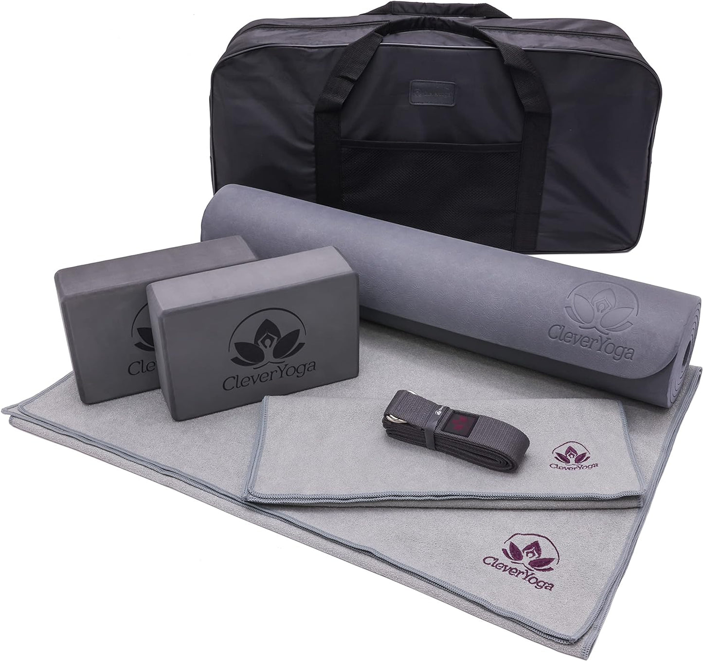 Set - Complete Beginners 7-Piece Yoga Kit Includes 6Mm Thick Yoga Mat, 2 Yoga Blocks, Yoga Strap, Mat Towel, Hand Towel and Carrying Bag for Women and Men