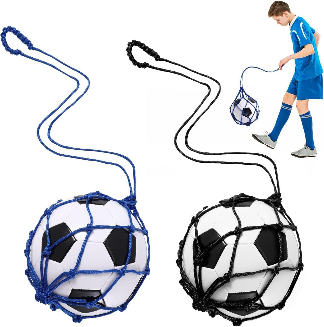 2PCS Football Kick Trainer, Soccer Return Trainer Net Fits Ball Size 3, 4, 5, Hands-Free Football Kick Throw Solo Practice Training Aid, Adjustable Waist Belt Soccer Ball Trainer Net