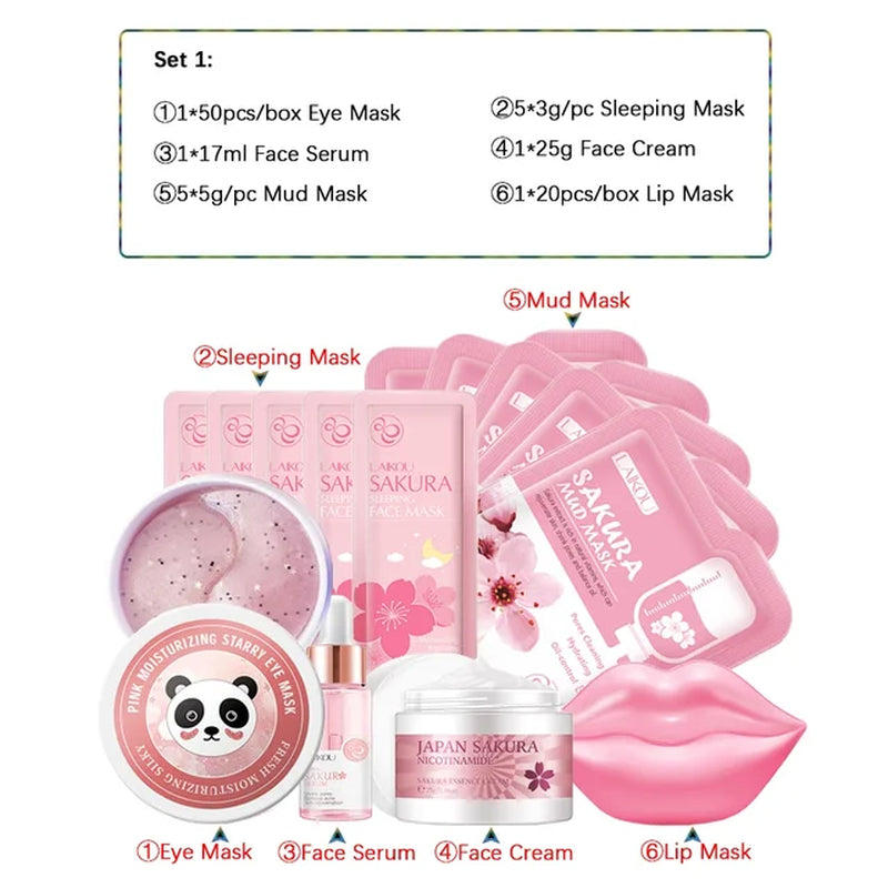 Sakura Skincare Set 24K Gold Facial Products Kit Moisturizing Mask anti Wrinkles Cream Face Beauty Health Care Product for Women