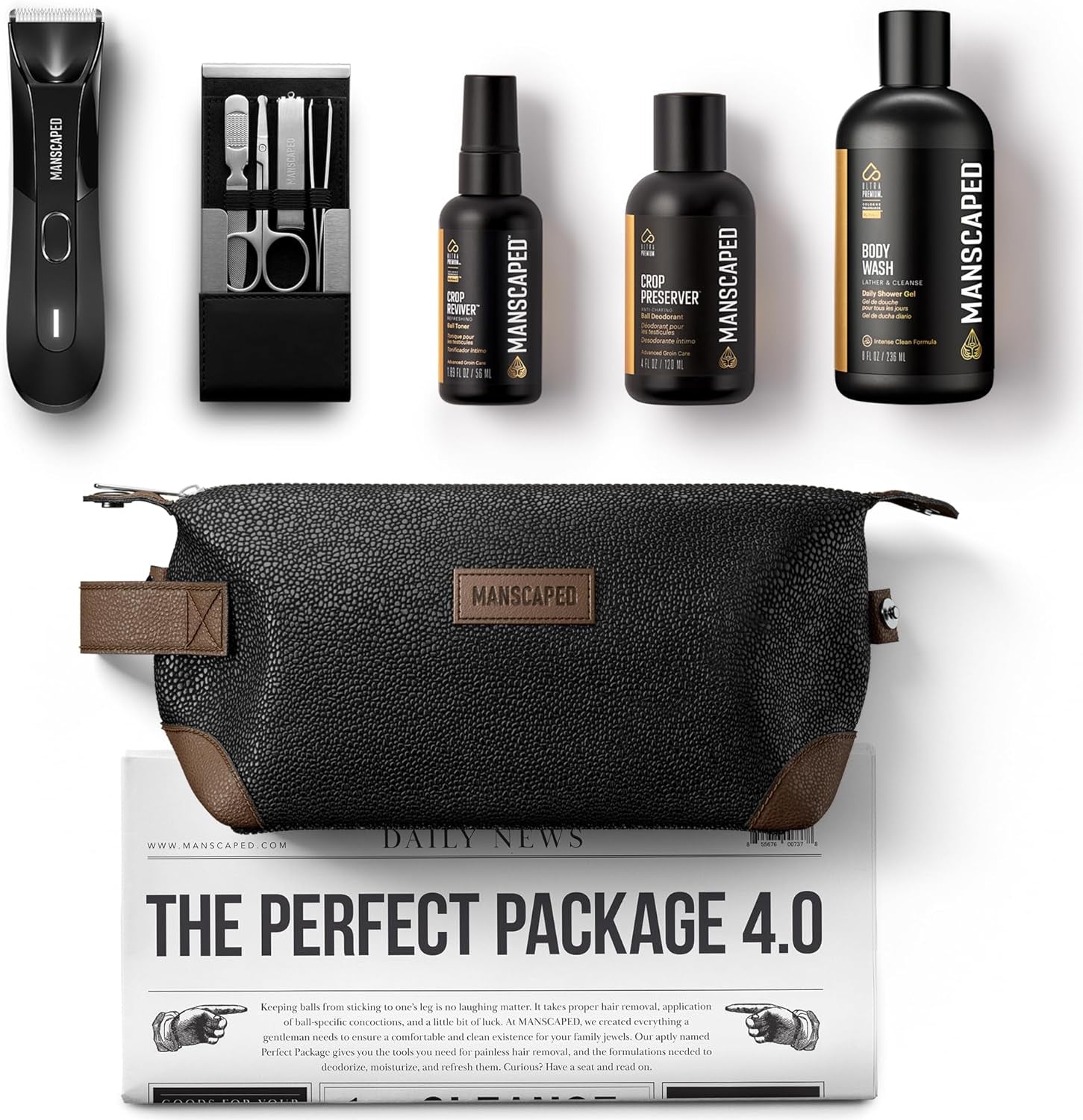 ® Perfect Package 4.0 Kit Contains: the Lawn Mower® 4.0 Electric Trimmer, Ball Deodorant, Body Wash, Performance Spray-On-Body Toner, Four Piece Luxury Nail Kit, Toiletry Bag, 3 Shaving Mats