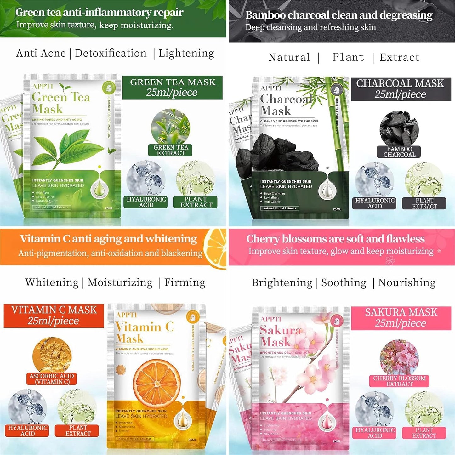 8 Pcs Sheet Face Mask,Pure Natural Plant Extracts, Hydrating, Moisturizing, Deep Cleansing Pores, Nourishing, Anti-Aging,Sheet Masks Multipack for All Skin Types Face Masks Skincare