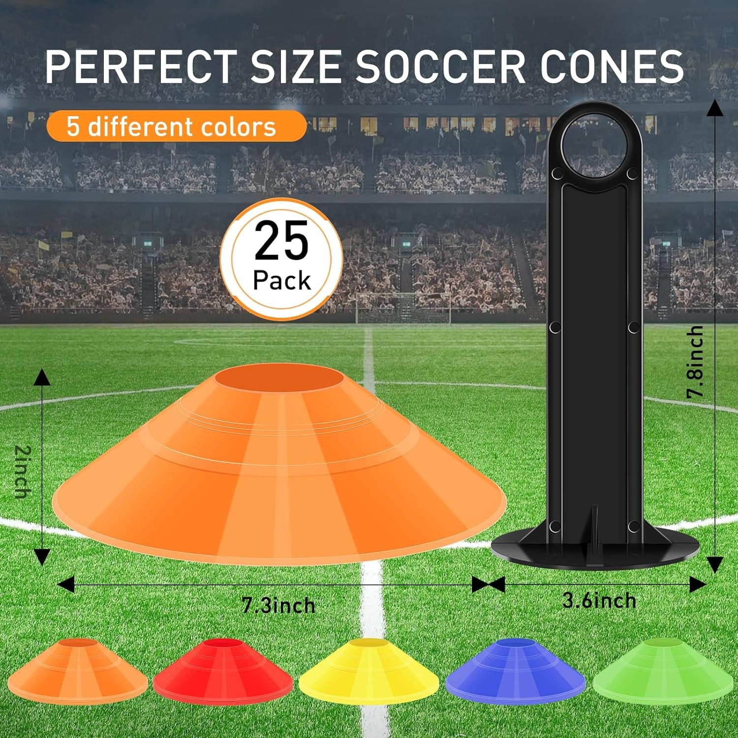 25 Pack Soccer Training Cones, Agility Disc Sports Cones with Carry Bag and Holder, Plastic Football Cones for Drills, Sports Training, Basketball, Coaching, Practice Equipment, 5 Color