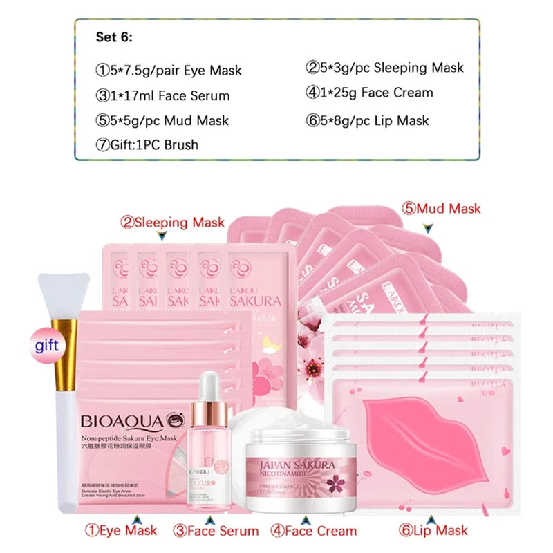 Sakura Skincare Set 24K Gold Facial Products Kit Moisturizing Mask anti Wrinkles Cream Face Beauty Health Care Product for Women