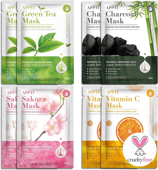 8 Pcs Sheet Face Mask,Pure Natural Plant Extracts, Hydrating, Moisturizing, Deep Cleansing Pores, Nourishing, Anti-Aging,Sheet Masks Multipack for All Skin Types Face Masks Skincare