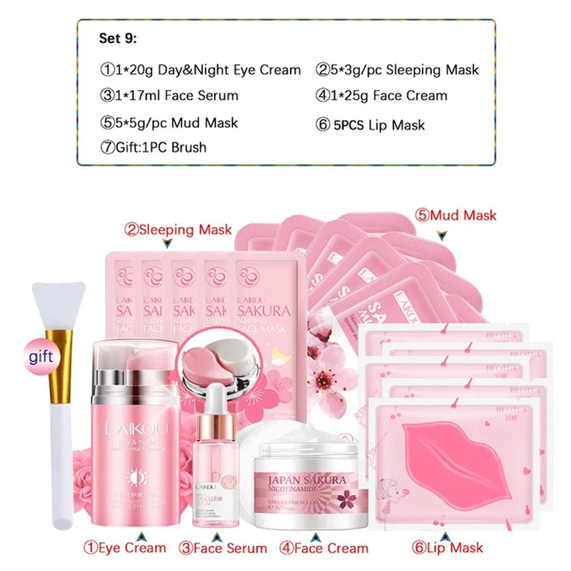 Sakura Skincare Set 24K Gold Facial Products Kit Moisturizing Mask anti Wrinkles Cream Face Beauty Health Care Product for Women